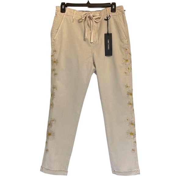 NWT daisy embroidered utility boyfriend straight leg crop khaki jeans size L - Picture 3 of 12